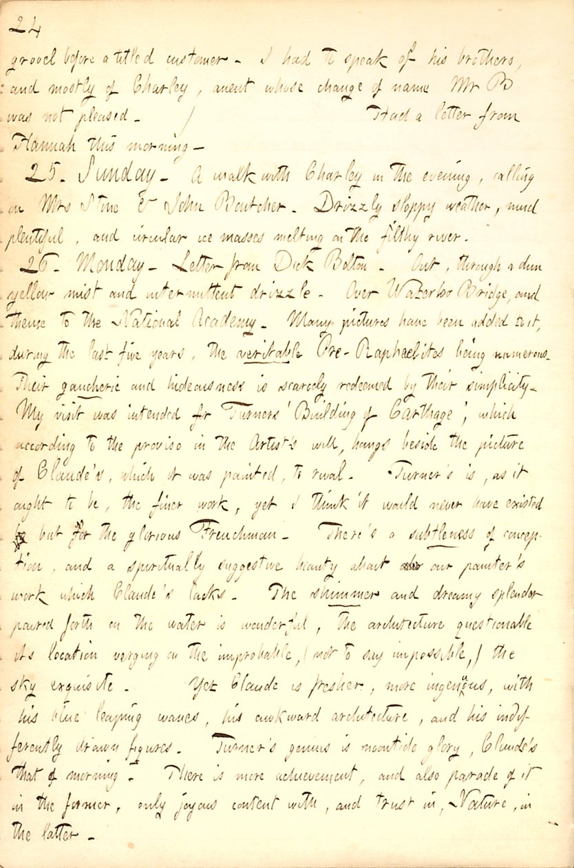 Descreve uma visita à National Academy [Gallery] em Londres. Transcrição de Thomas Butler Gunn