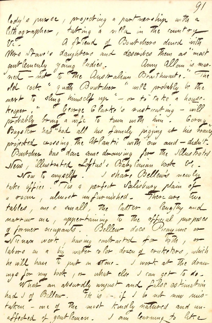 Descreve o escritório que divide com Frank Bellew e uma carta de William Boutcher. Transcrição de Thomas Butler Gunn