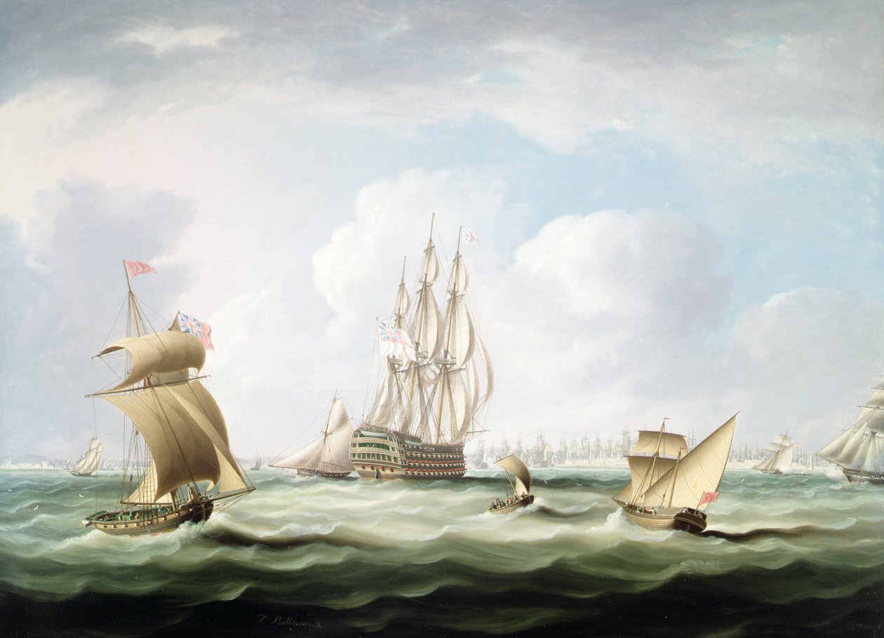Uma Primeira Taxa com um Vice-Almirante do Quadro Branco e outras embarcações na Baía de Cádis (óleo sobre tela) de Thomas Buttersworth