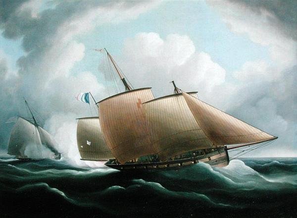 Uma Lugger francesa perseguida por um cortador inglês (óleo sobre tela) de Thomas Buttersworth