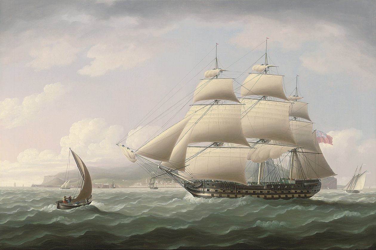 O navio Dunira, da Companhia das Índias Orientais, a passar pela baía do Funchal, na ilha da Madeira - Thomas Buttersworth de Thomas Buttersworth