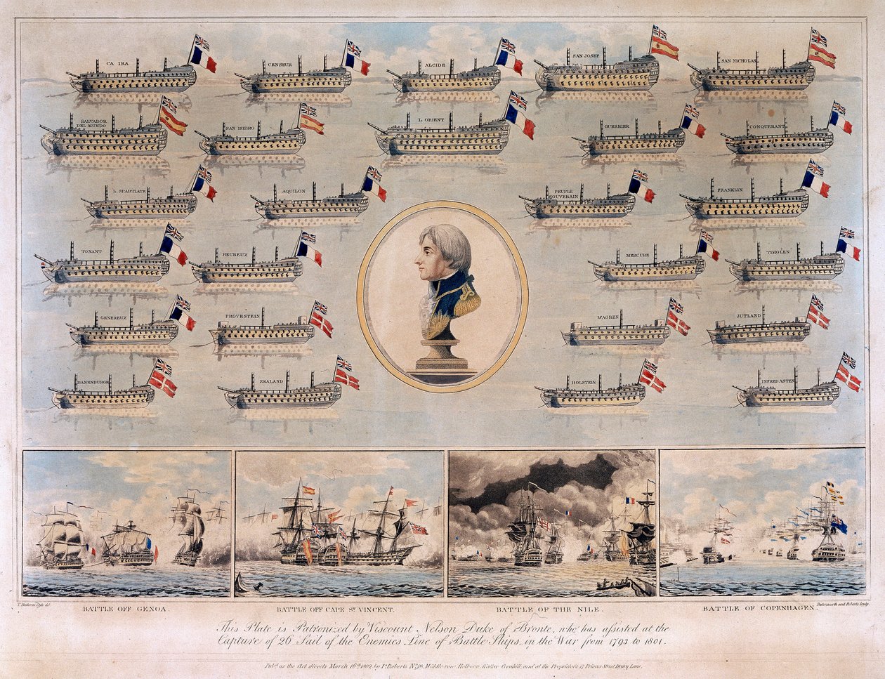 Os navios de guerra capturados por Horatio Nelson (1758-1805) entre 1793 e 1801, durante as batalhas navais de Génova (ou Cabo Noli, Itália) de Thomas Buttersworth