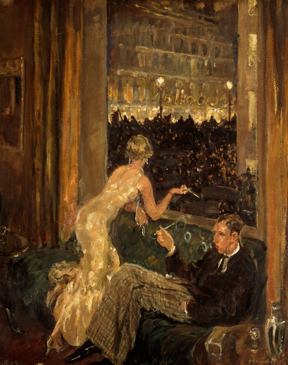 Vista de um interior com um casal a observar a chegada dos Jarrow Marchers a Londres através de uma janela de Thomas Cantrell Dugdale
