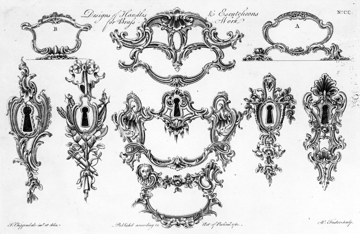 Desenhos de alças e escudos para o trabalho em latão, impressão feita por W. Foster, 1761 de Thomas Chippendale