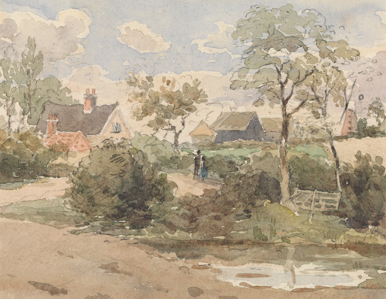 Paisagem do país com casa de campo, moinho de vento, celeiros e figuras com lago em primeiro plano de Thomas Churchyard