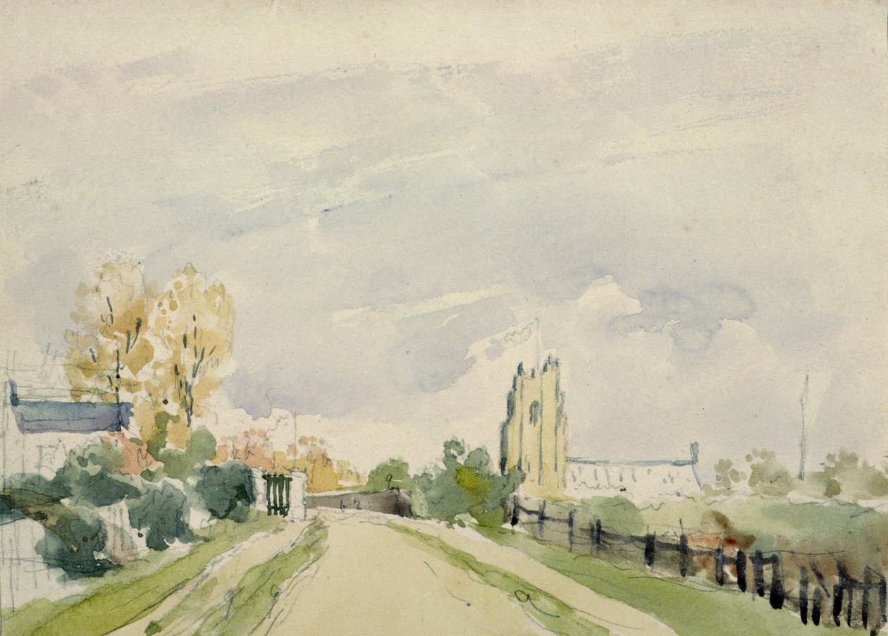 Suffolk Landscape, uma estrada larga com uma pequena casa, uma igreja e árvores de Thomas Churchyard