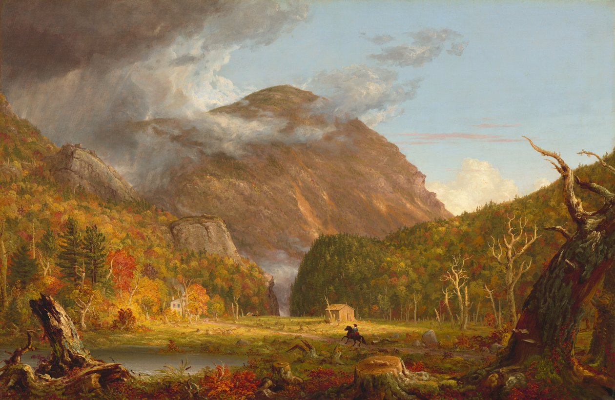 Uma vista da passagem da montanha chamada de entalhe das montanhas brancas Crawford Notch, 1839. de Thomas Cole