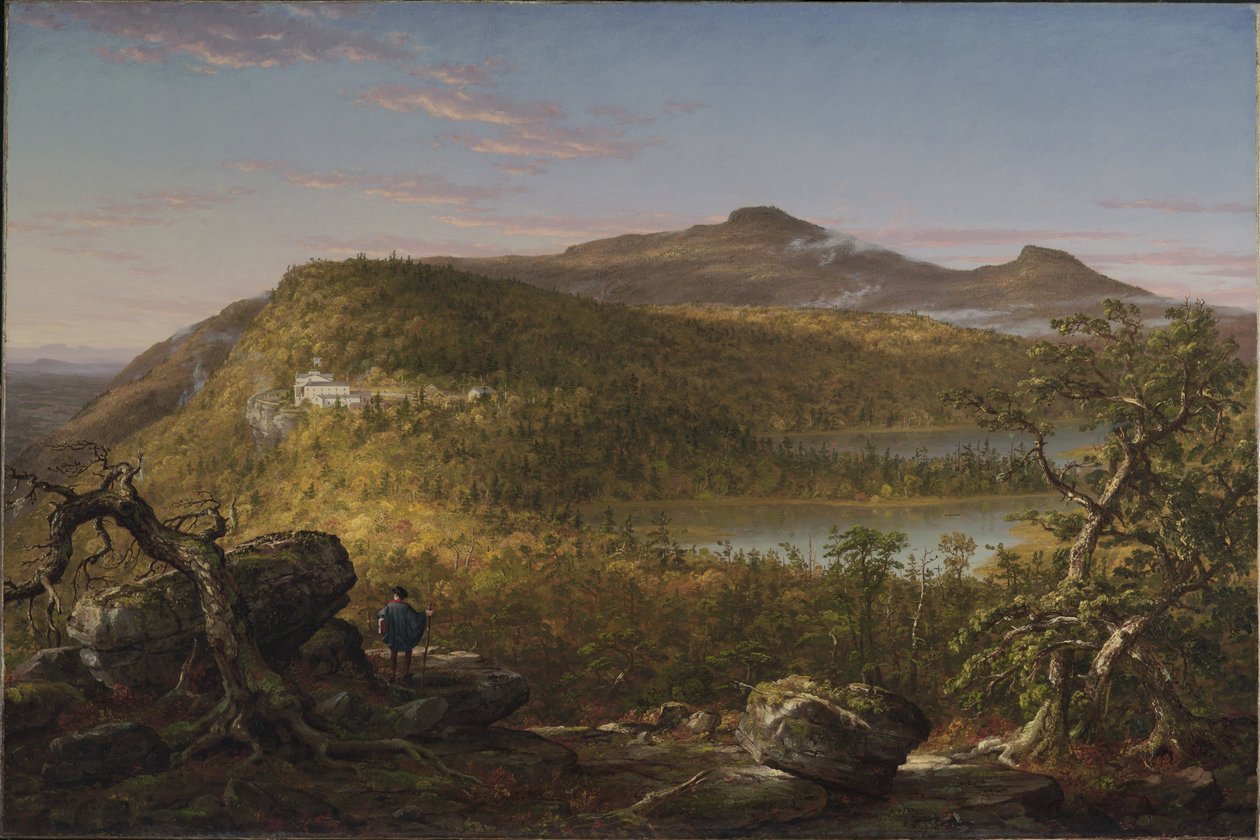 Vista dos dois lagos e da Mountain House, montanhas Catskill, manhã de Thomas Cole
