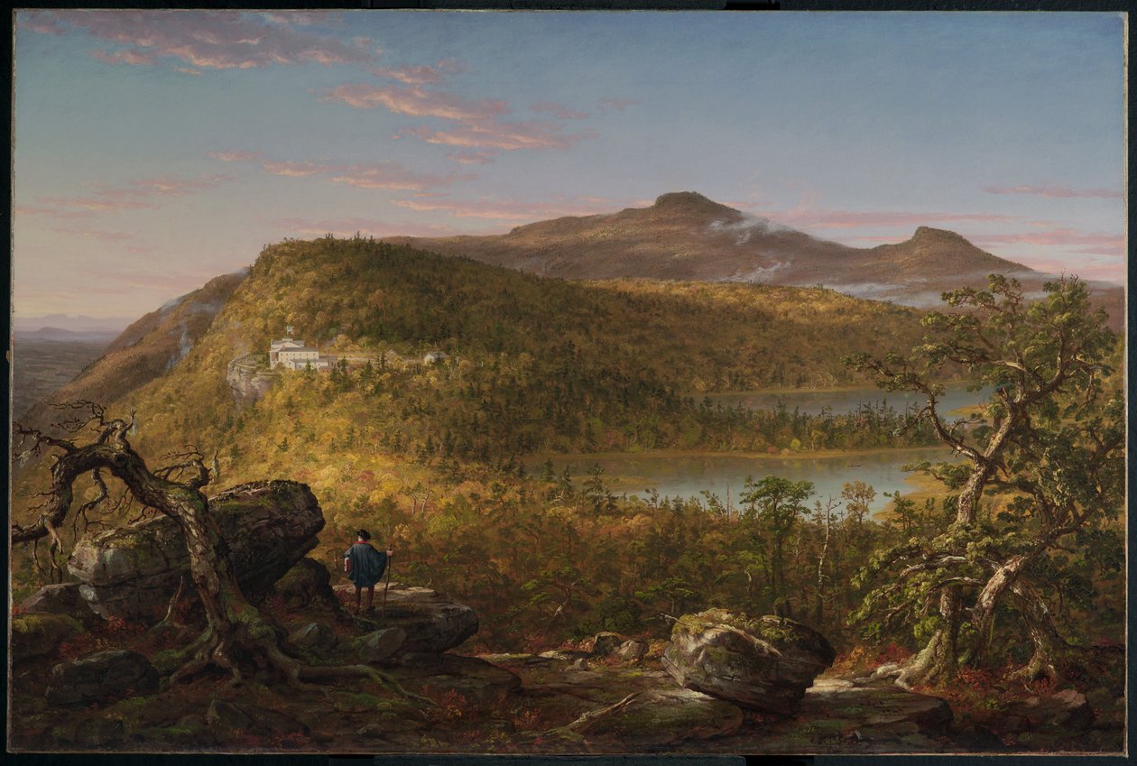 Uma Vista dos Dois Lagos e da Casa da Montanha, Catskill Mountains, Manhã de Thomas Cole