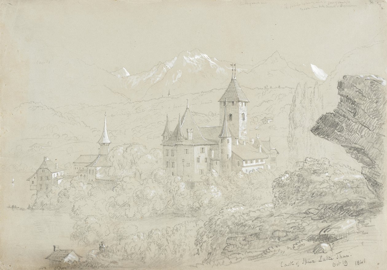 Castelo de Spiez, 1841 (lápis e guache em papel cinza-verde) de Thomas Cole