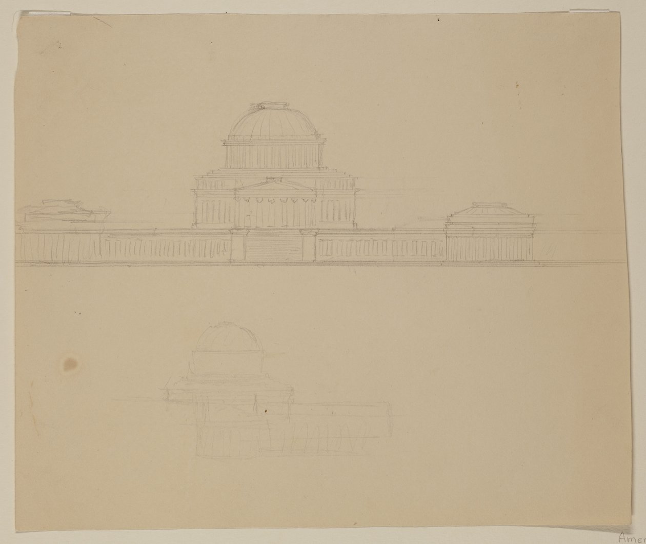 Elevação da Casa do Estado de Ohio, c.1838 (lápis de grafite em papel de seda bege) de Thomas Cole