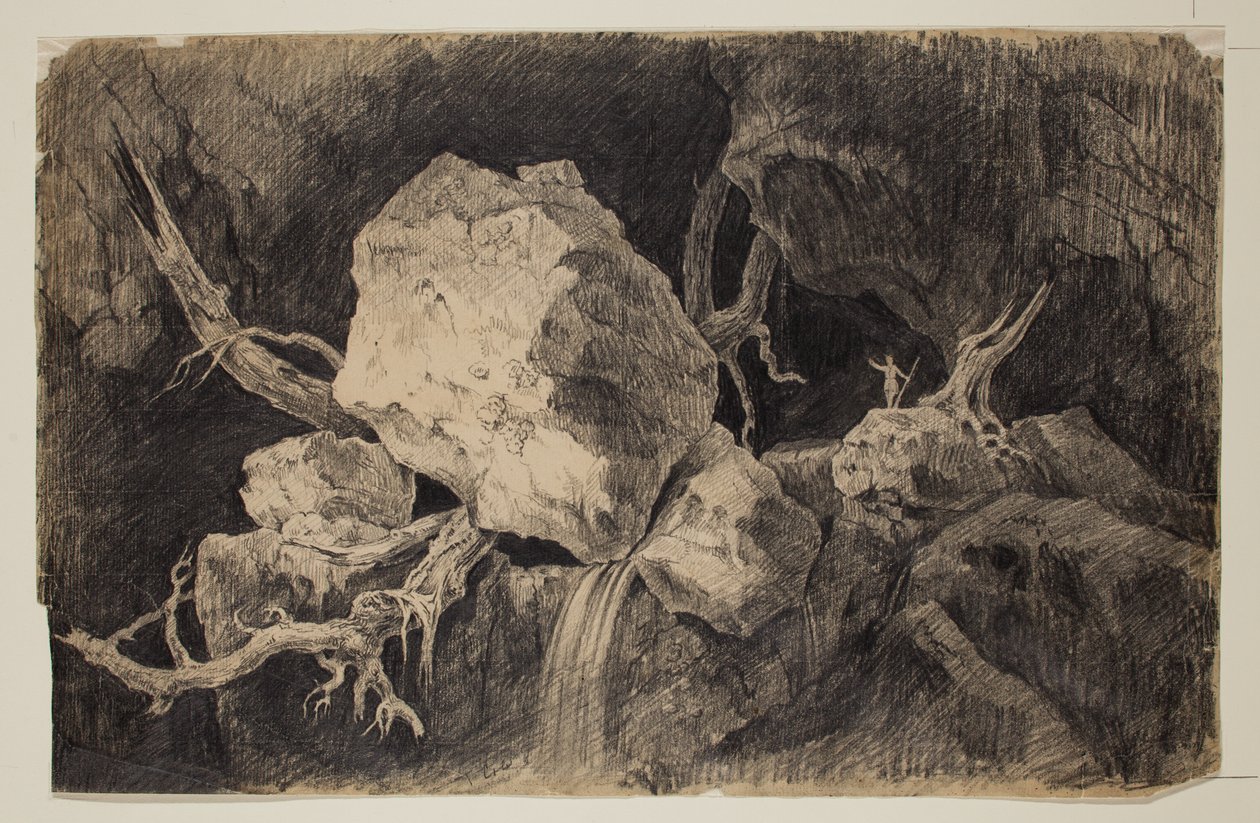Hunter Standing in Cave perto de Rock and Waterfall, c.1828 (lápis de grafite) de Thomas Cole