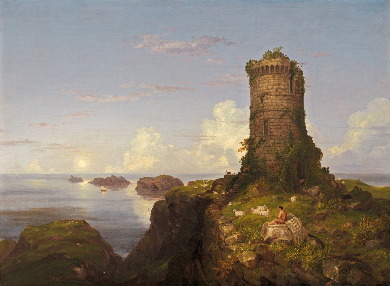 Cena da costa italiana com torre em ruínas de Thomas Cole