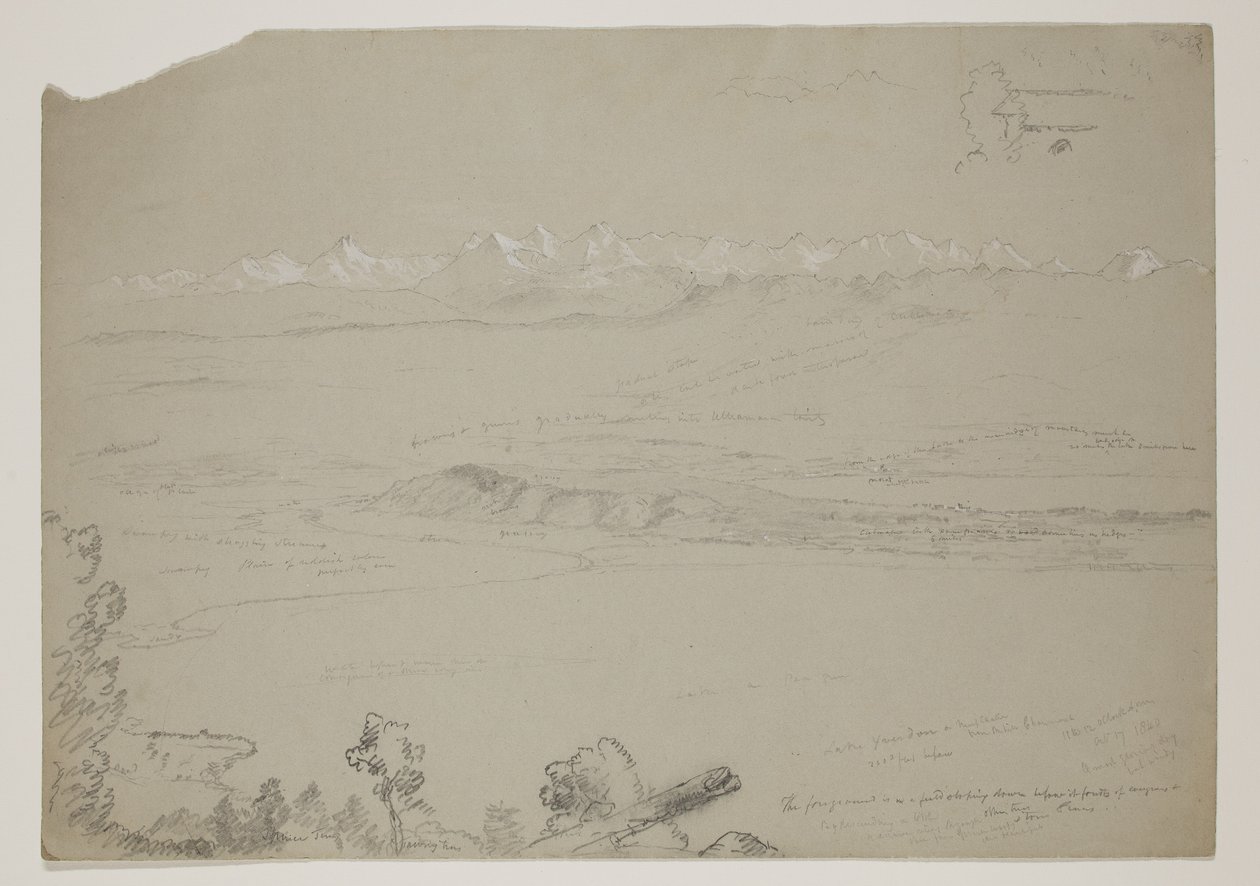 Lago Yverdon ou Neuchatel da colina Chaumont, Suíça, 1841 (lápis elevado com guache sobre papel) de Thomas Cole