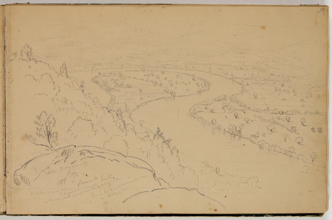 Panorama do Oxbow no rio Connecticut, visto do Monte Holyoke, c.1832 (lápis sobre papel) de Thomas Cole