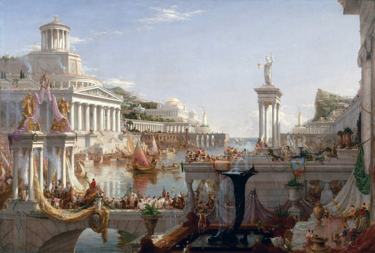 O Curso de Consumo do Império - A apoteose do Império Romano. No segundo plano, a ilha da Atlântida no seu esplendor. Pintura de Thomas Cole de Thomas Cole