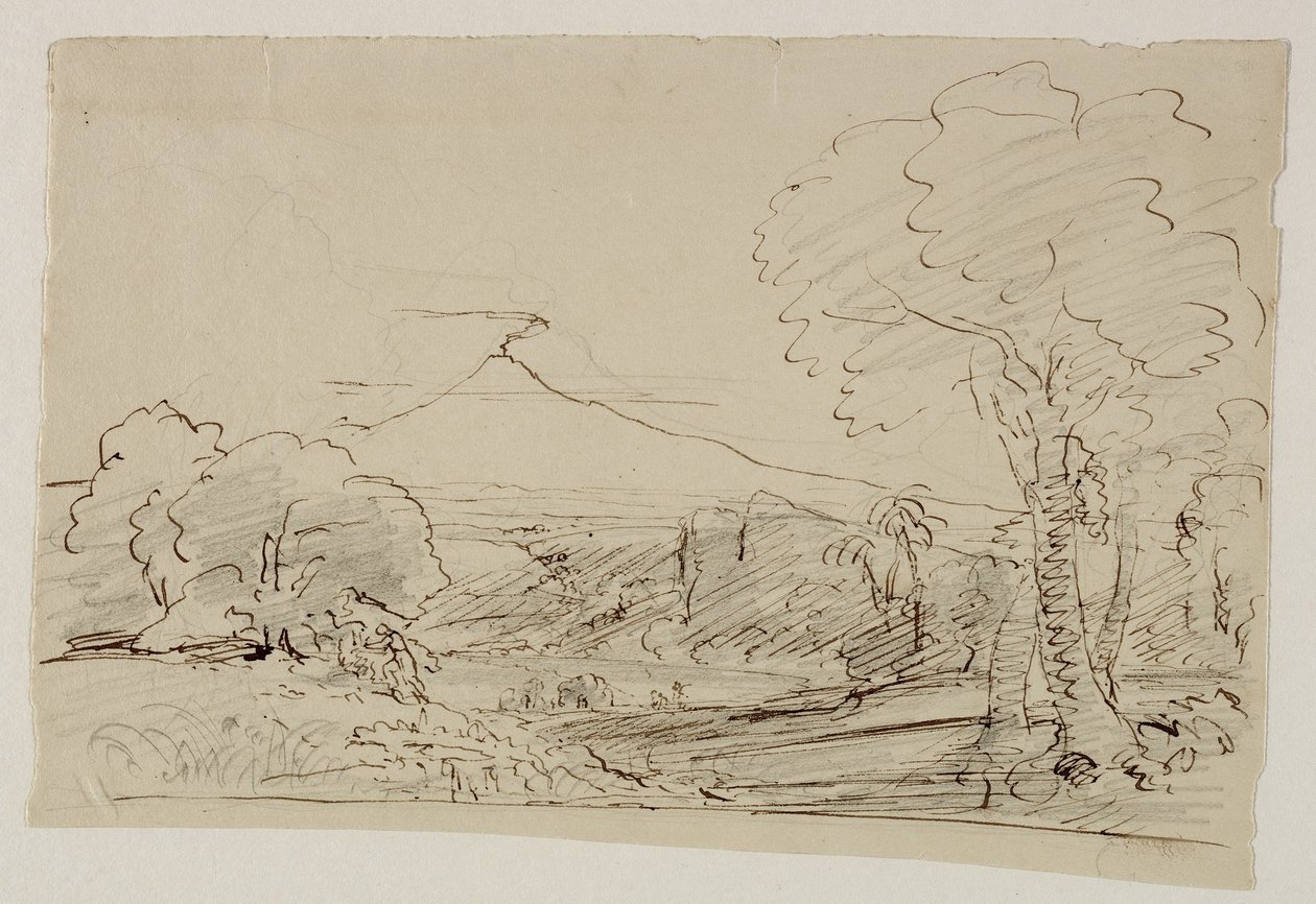 Vulcão, Lago, Figura Caça, 1846-47 (caneta e tinta com lápis sobre papel) de Thomas Cole