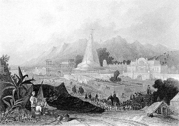 O Grande Templo, Hurdwar, com Procissão de Peregrinos Hindus, gravado por W. Finden, de 