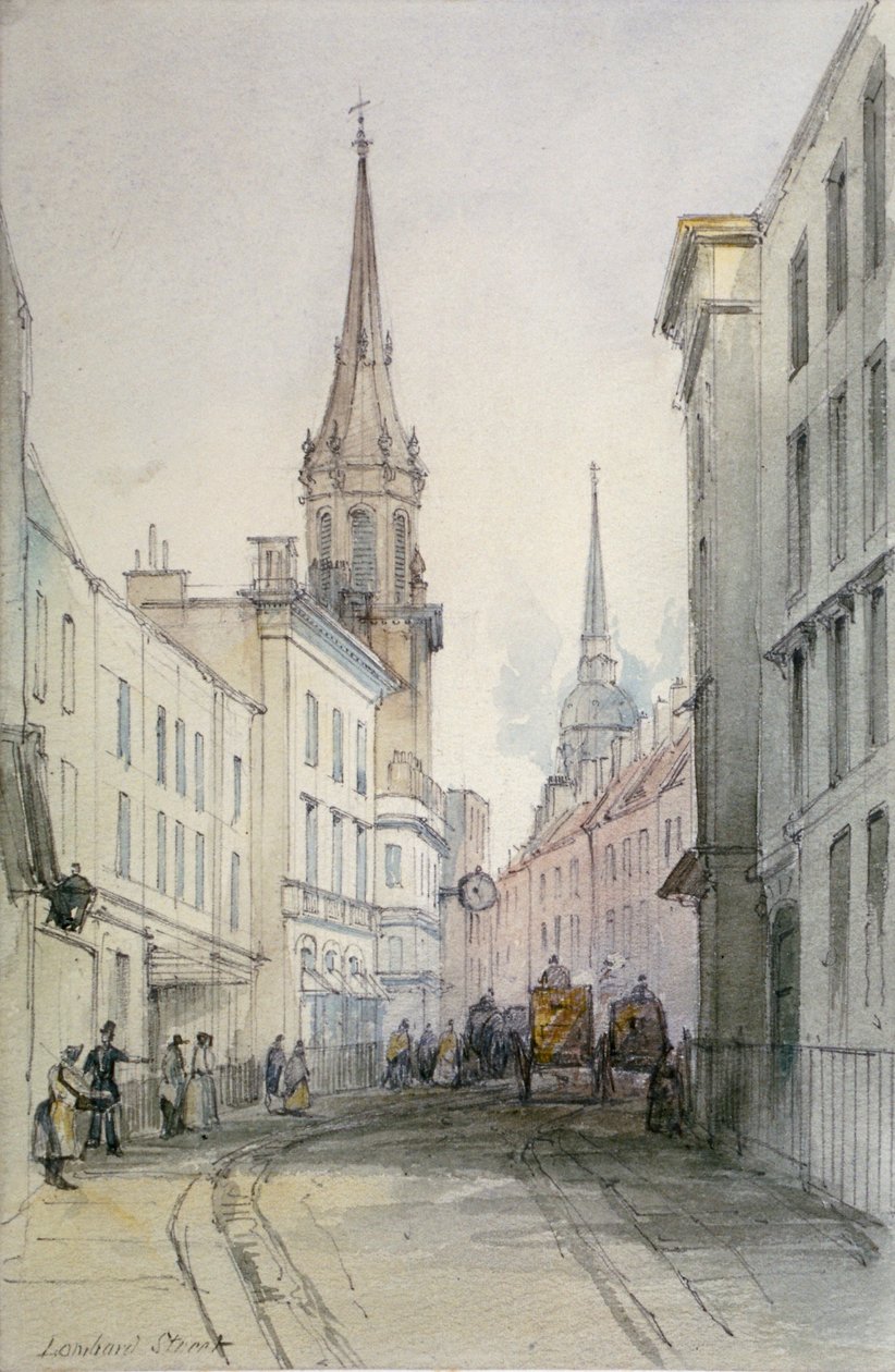 Vista ao longo da Lombard Street, olhando para o leste, com figuras e carruagens, City of London, 1851 de Thomas Colman Dibdin