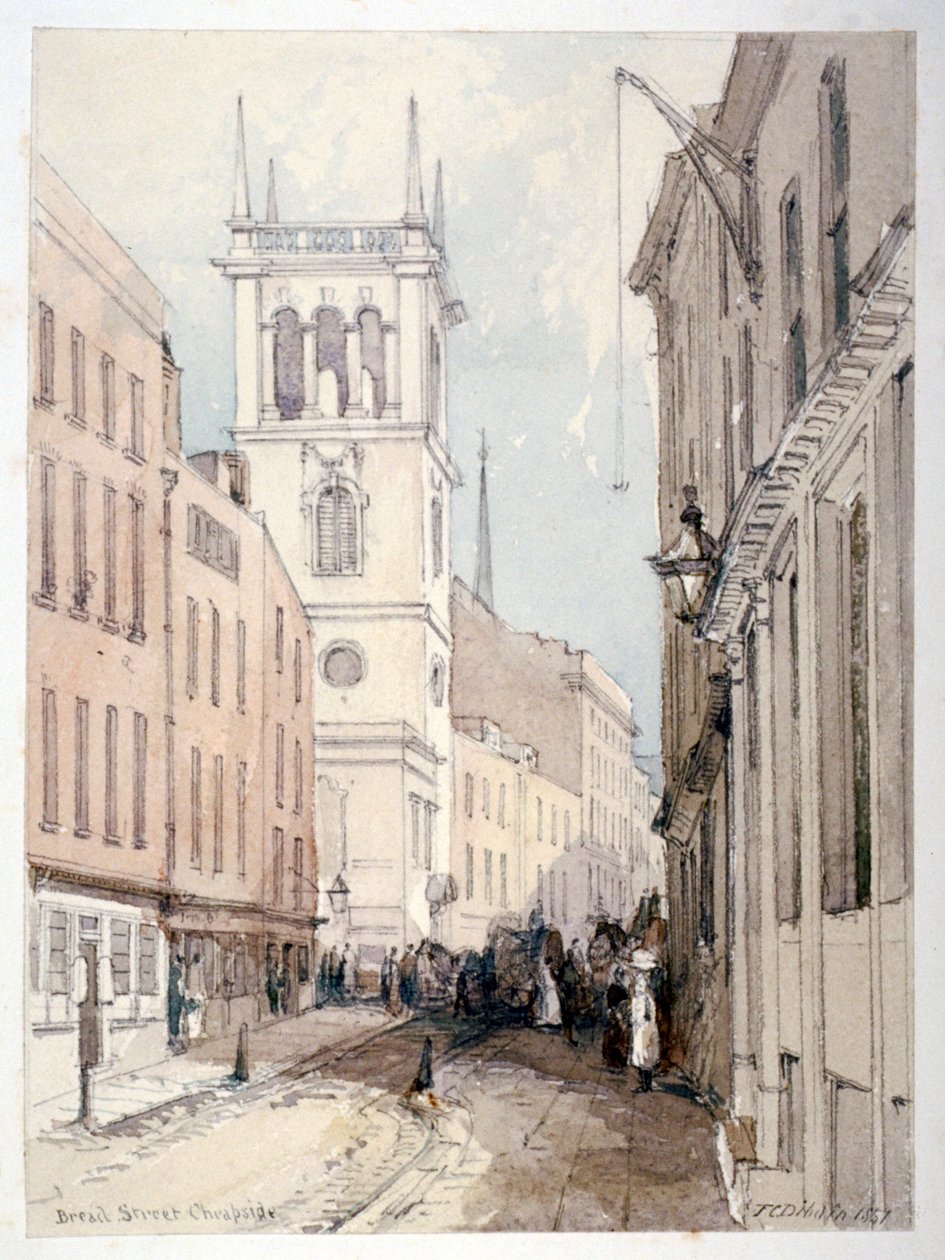 Vista de All Hallows Church, edifícios e figuras na Bread Street, City of London, 1851 de Thomas Colman Dibdin
