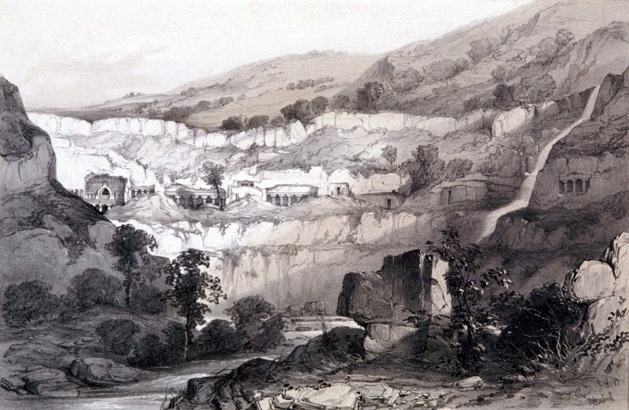 Vista das cavernas, Ajunta, Índia, 1844 de Thomas Colman Dibdin