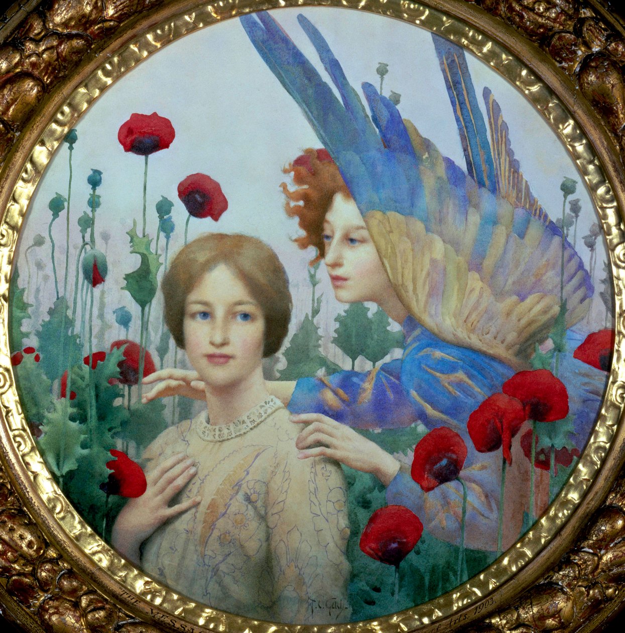 "A Mensagem" Uma jovem mulher e um anjo num campo de papoilas. Pintura de Thomas Cooper Gotch (1854-1931) (pré-rafaelita) Coleção particular de Thomas Cooper Gotch