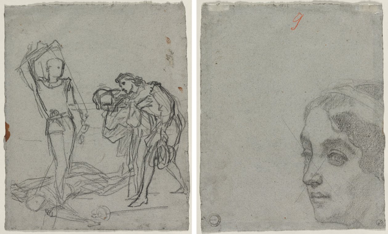Duelo após o Baile de Máscaras (reto); Cabeça de uma mulher (verso) de Thomas Couture