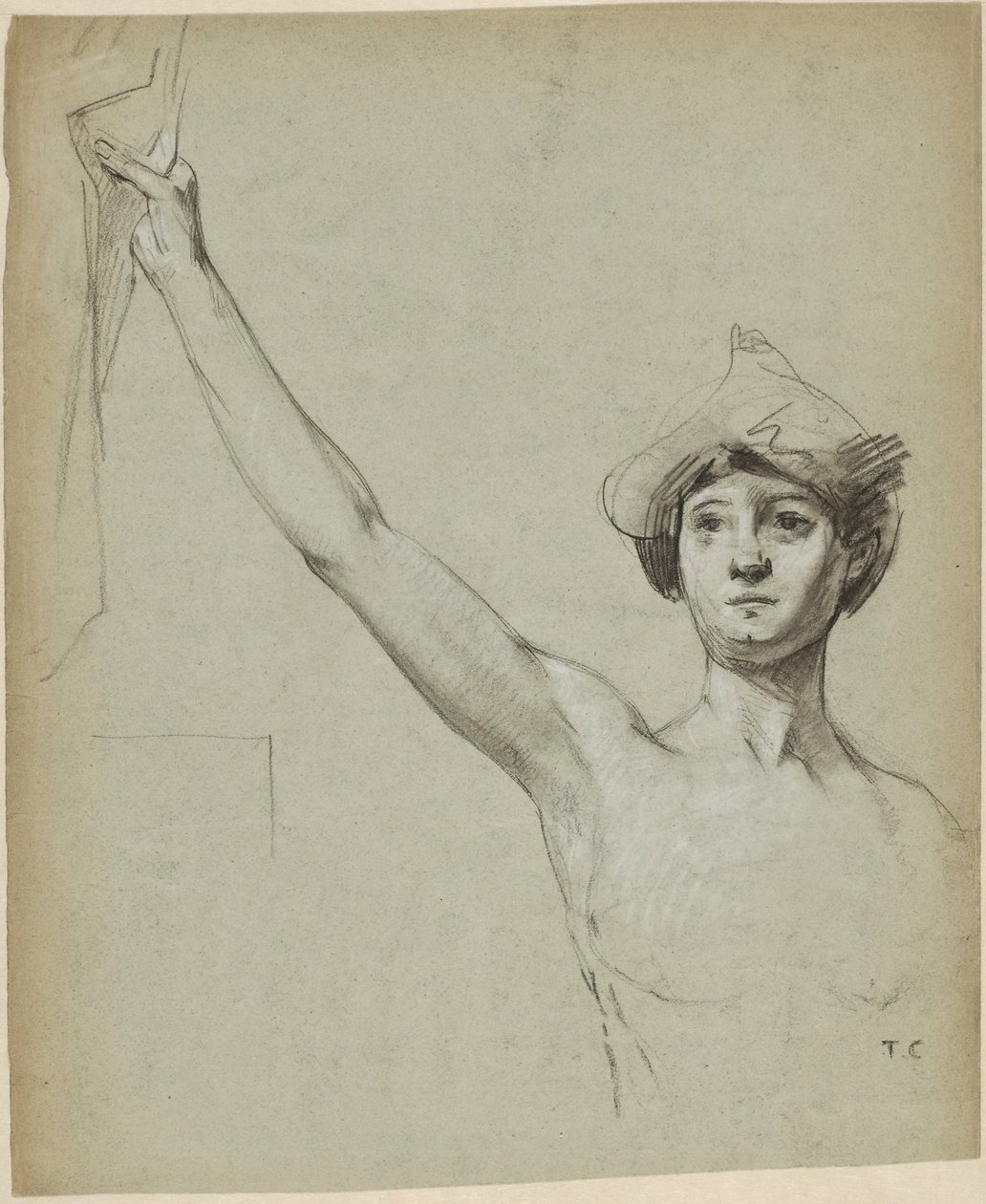 Figura nua junto a drapeado, estudo de modelo de Thomas Couture
