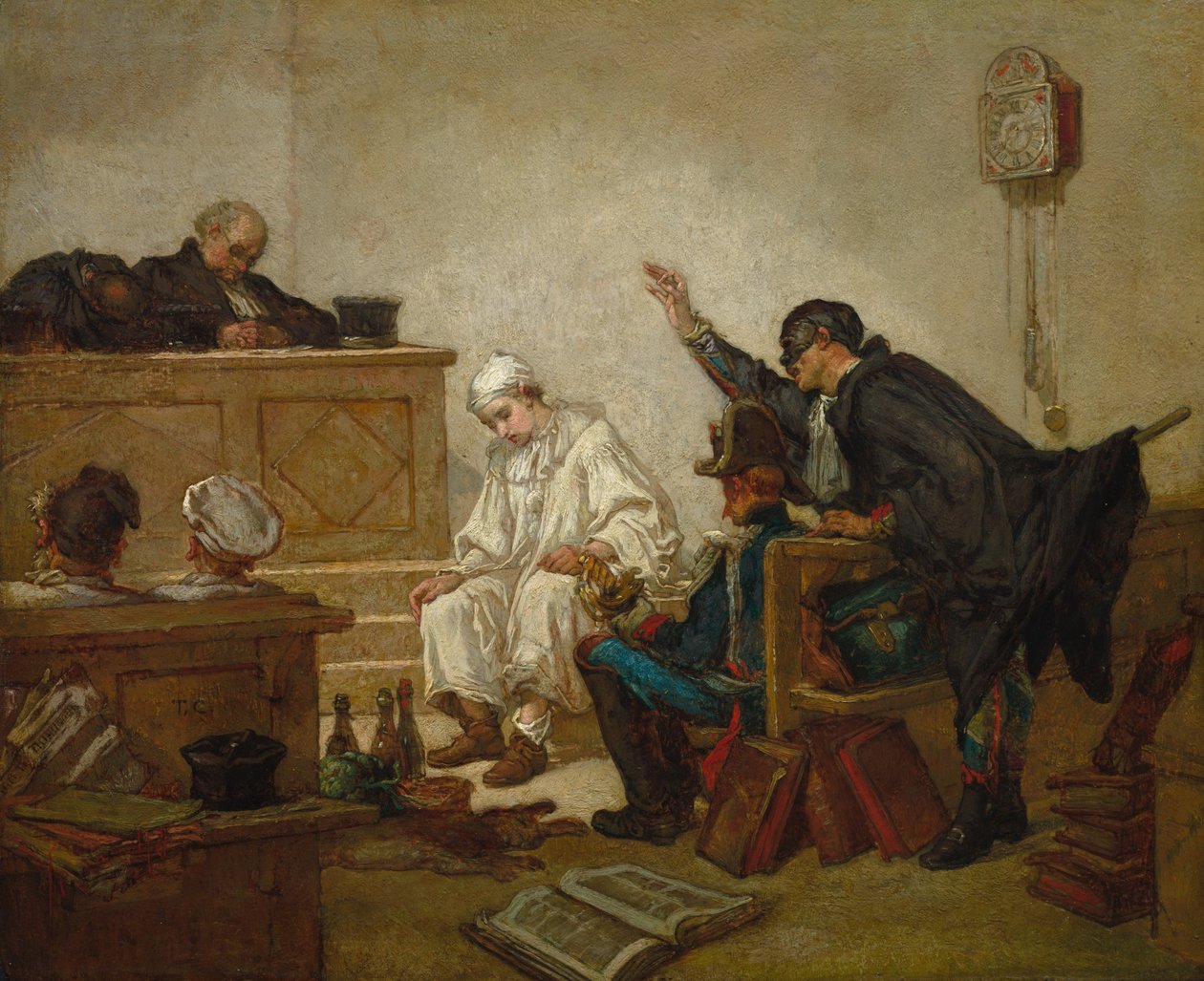 Pierrot no Tribunal Criminal, c.1864-70 (óleo sobre painel de madeira) de Thomas Couture