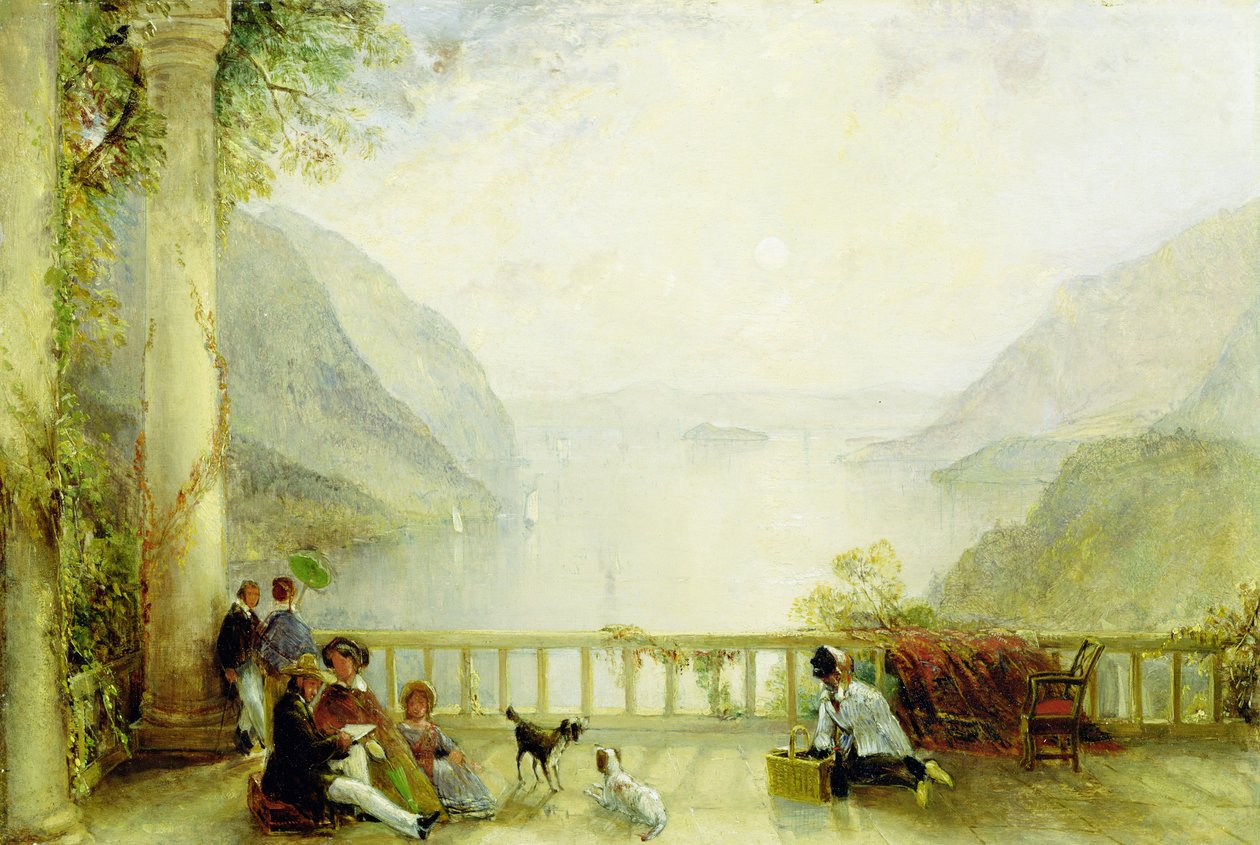 Figuras em uma varanda, provavelmente em Westpoint, c.1840-45 (óleo no painel) de Thomas Creswick