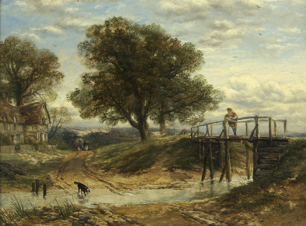Paisagem com riacho, ponte e casa de campo (óleo sobre painel) de Thomas Creswick