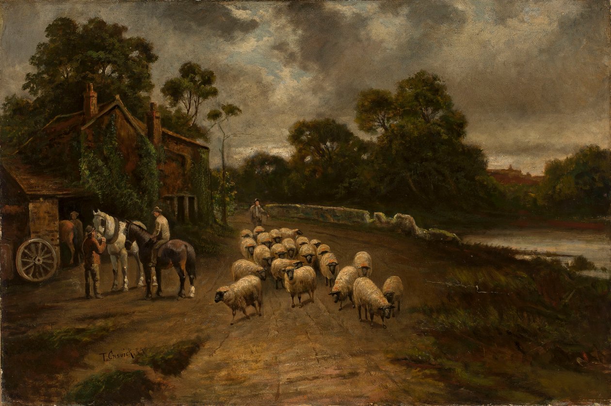 Cena de género com um rebanho de ovelhas de Thomas Creswick
