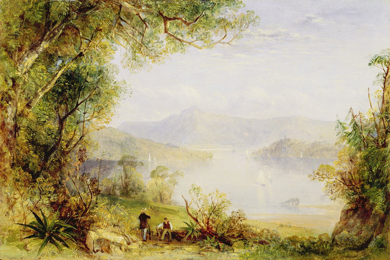 Vista no Rio Hudson, c.1840-45 (óleo no painel) de Thomas Creswick