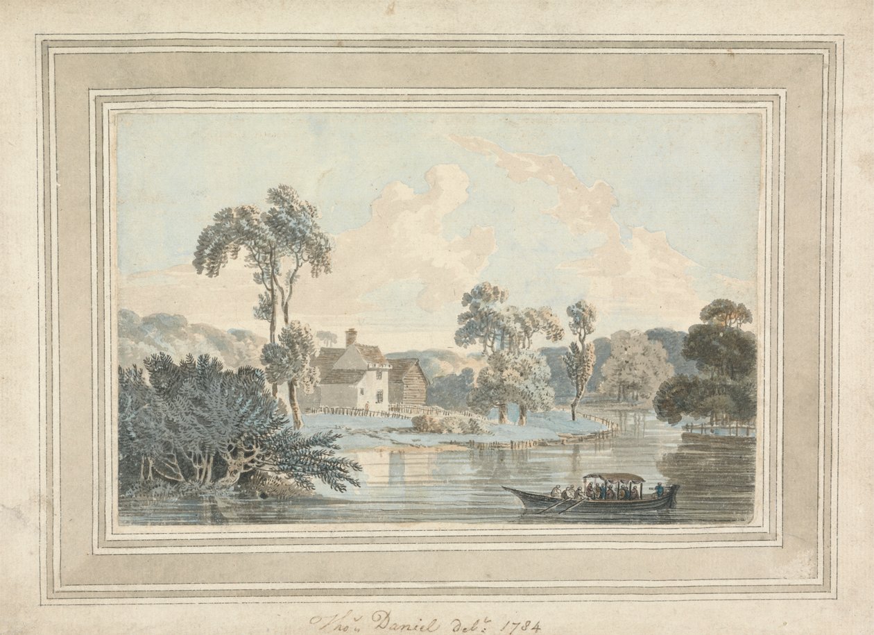 Casa da fazenda, rio e barcaça de Thomas Daniell