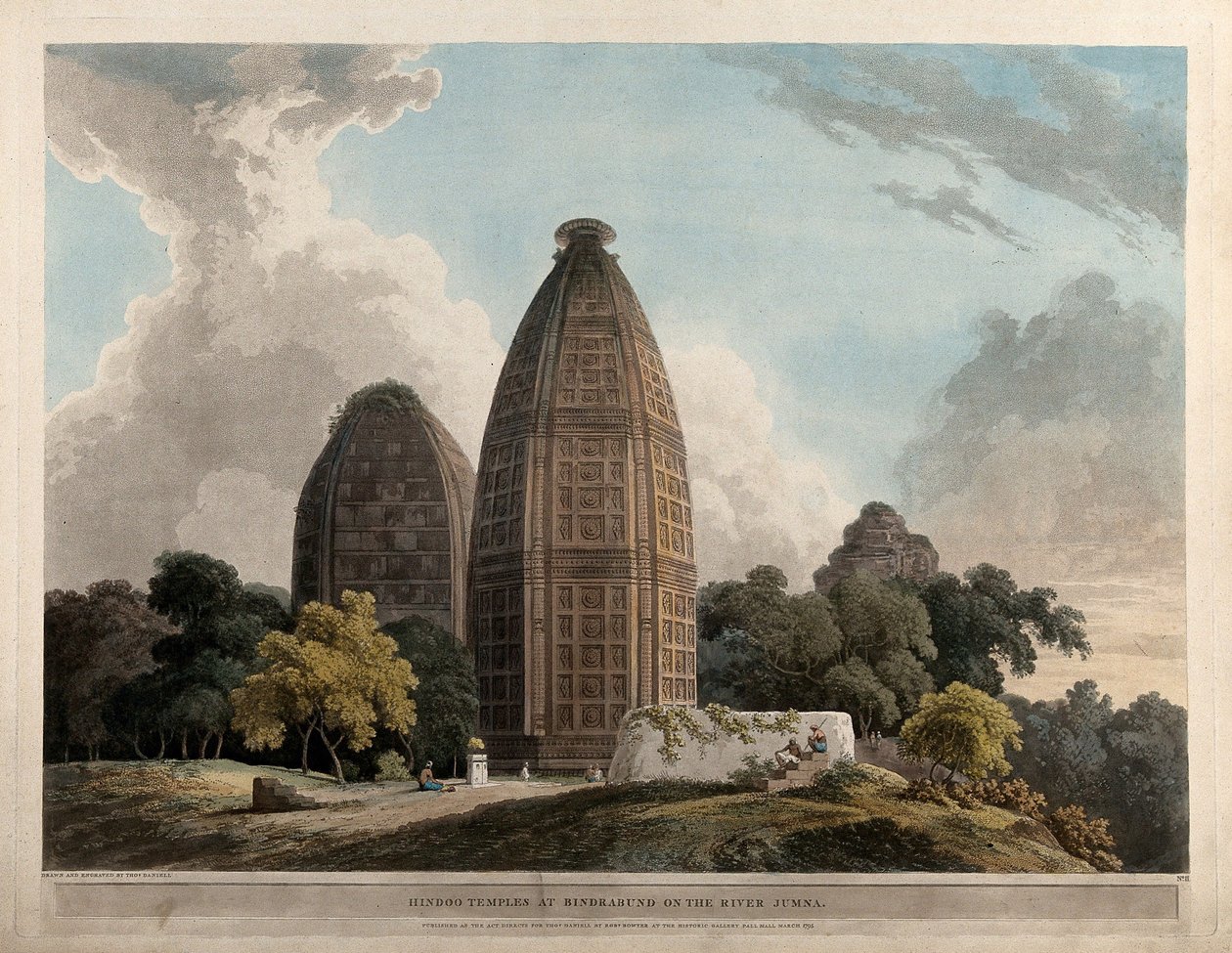 Templos hindus em Bindrabund, no rio Jumna de Thomas Daniell