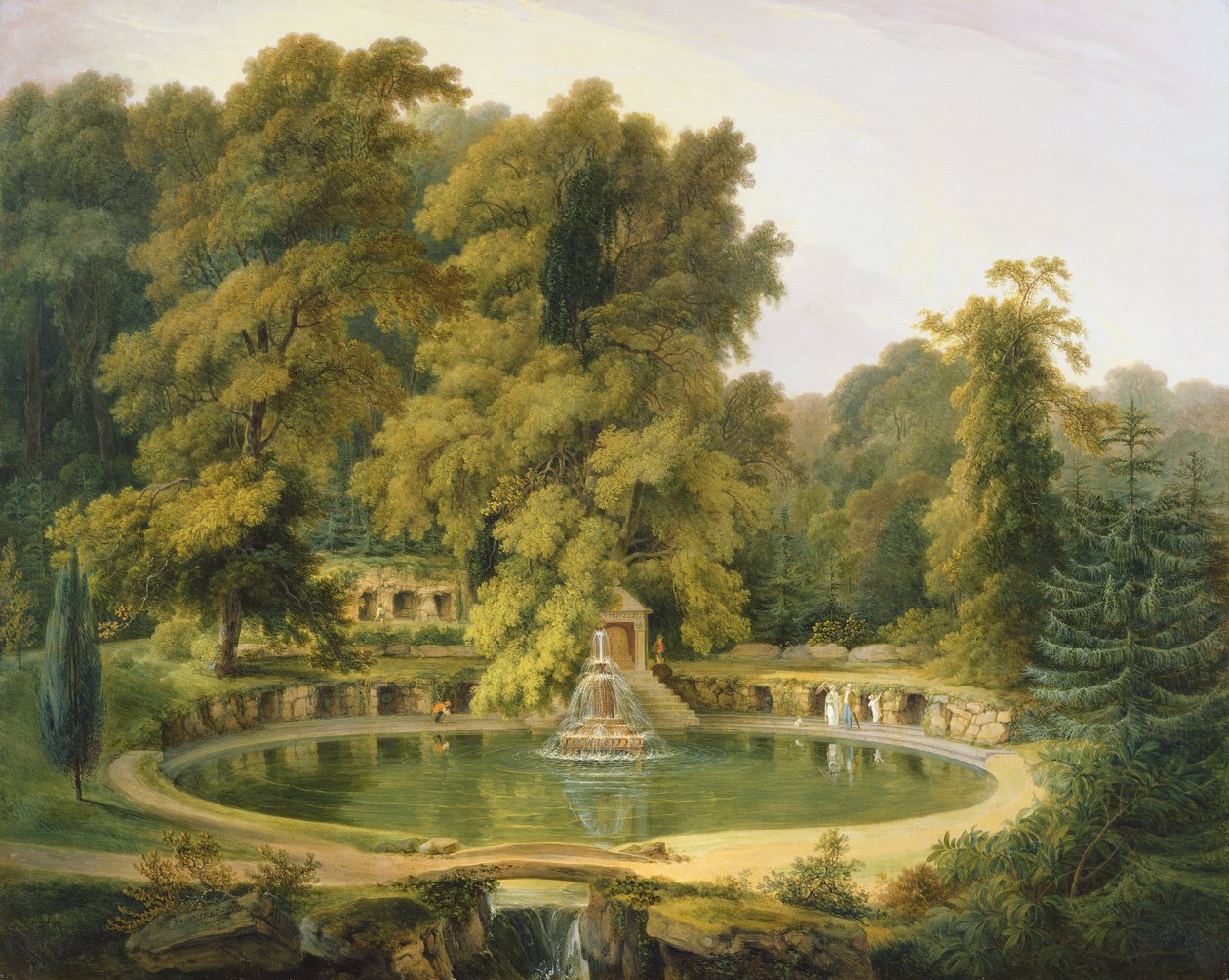 Templo, fonte e caverna no Parque Sezincote de Thomas Daniell