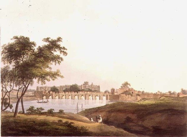 A Ponte em Juonpore, Bengala, gravada por H. Merke (fl.1800-20) pub. por Edward Orme (1774-c.1820) 1804 (litho) de Thomas Daniell