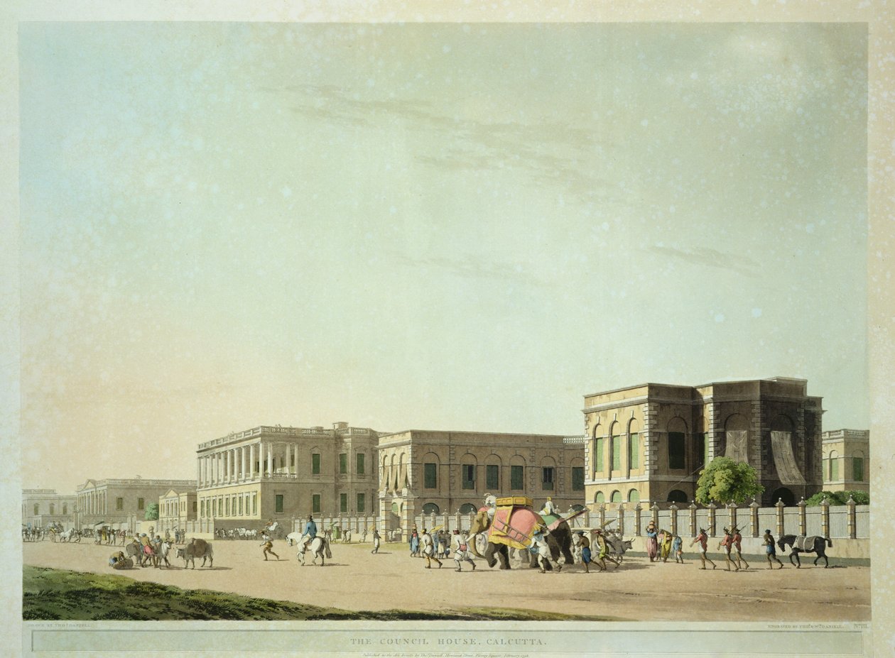 A Casa do Conselho, Calcutá, placa 29 de &39;Cenário Oriental: Vinte e quatro vistas no Hindoostan&39;, gravado por Thomas e William (1769-1837) Daniell, 1798 de Thomas Daniell