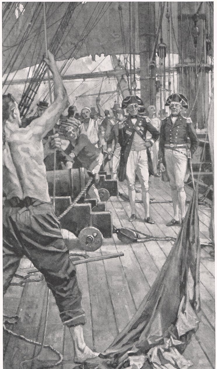 Içando o sinal famoso, ilustração de "Batalhas britânicas na terra e no mar", publicado por Cassell, Londres, c.1910 de Thomas Davidson