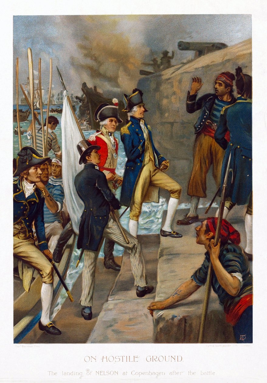 Numa terra hostil. O desembarque de Horatio Nelson (1758-1805) em Copenhaga (Dinamarca), após a batalha (1801). Cromolitografia, cerca de 1897, de Thomas Davidson (ativo 1863-1903). de Thomas Davidson