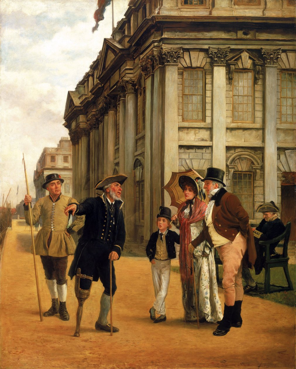 A história dos residentes, em frente ao edifício do tribunal King Charles no Greenwich Hospital, um residente com uma perna de pau, vestindo o uniforme regulamentar, fala com um casal visitante e o seu filho, à sua volta, dois outros residentes de Thomas Davidson
