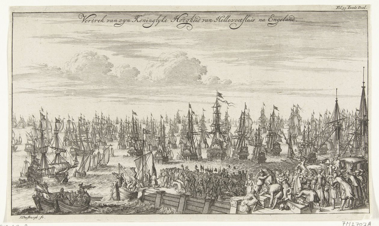 Partida de William III de Hellevoetsluis para a Inglaterra, 1688 Partida de Sua Alteza Real de Hellevoetsluis depois da Inglaterra (título no objeto) de Thomas Doesburgh