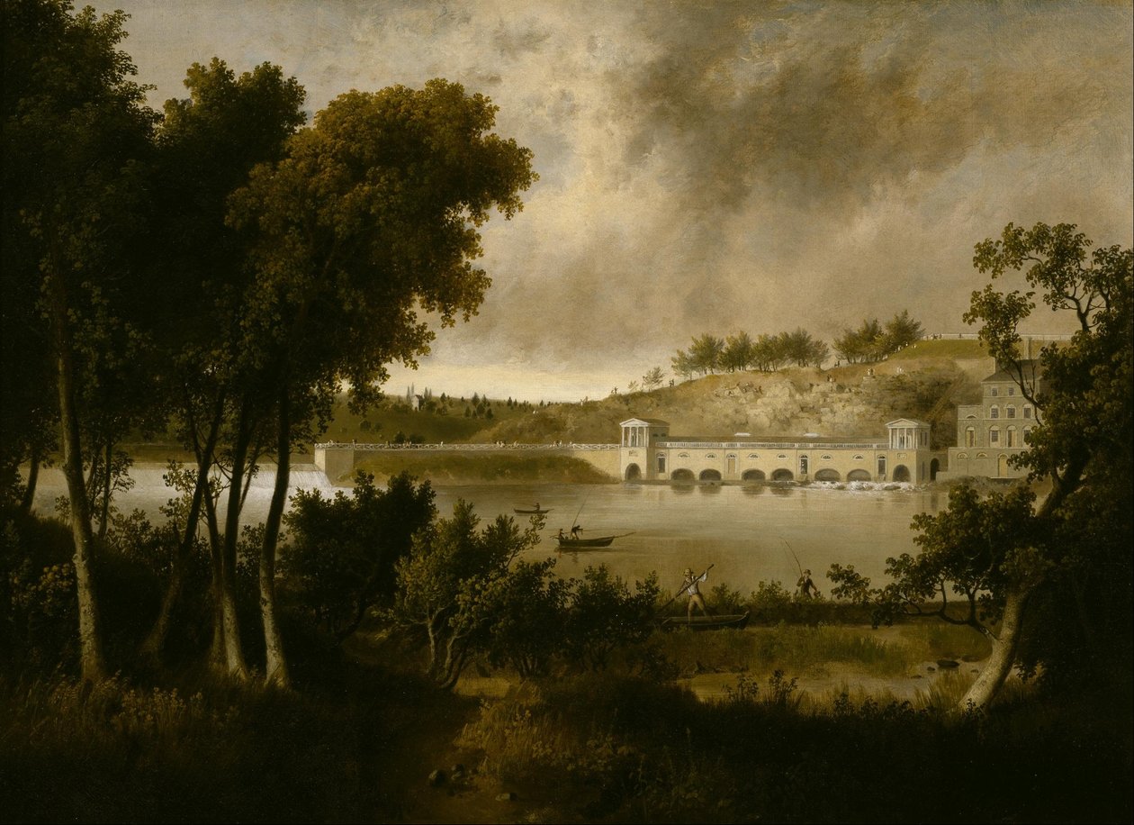 Vista das instalações hidráulicas de Fairmount, Filadélfia, da margem oposta do rio Schuylkill de Thomas Doughty