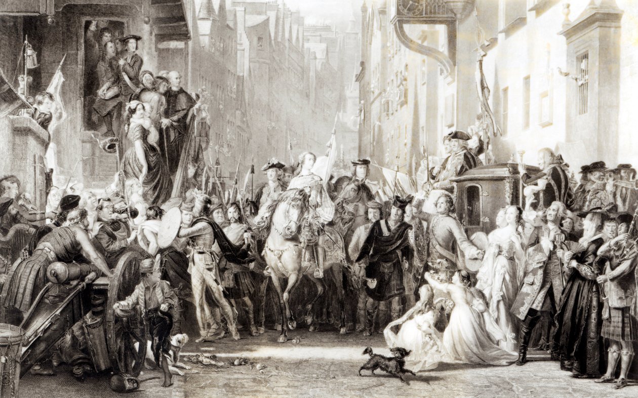 Príncipe Charles Edward (1720-88) e os Highlanders Entrando em Edimburgo após a Batalha de Preston, em 21 de setembro de 1745 (ver 105438) de Thomas Duncan