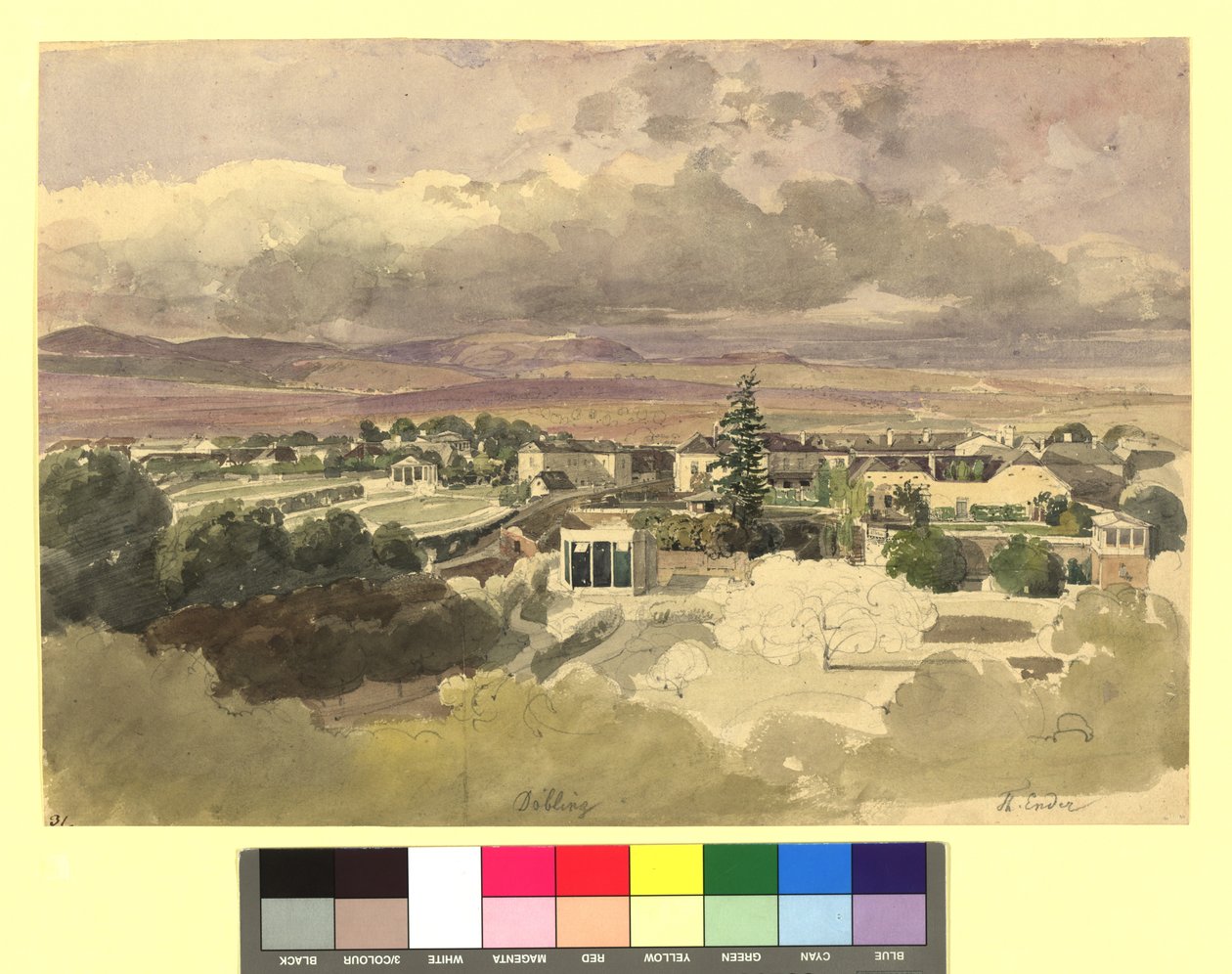 Ansicht von Döbling (?) in Richtung Kahlengebirge, Blick in die Silbergasse de Thomas Ender