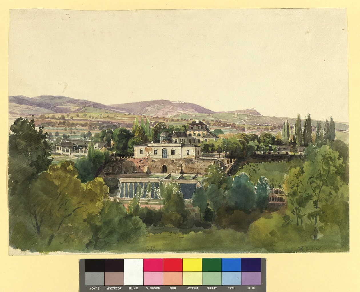 Vista de Döbling sobre o Kahlengebirge e a villa do barão Johann von Lang (Nußwaldgasse 19 ou 22) de Thomas Ender