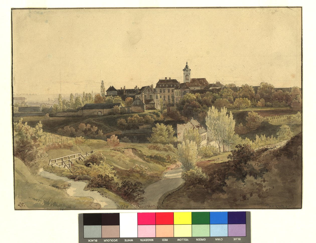 Oberdöbling, a capela de São João e os arredores, vistos do lado de Unterdöbling de Thomas Ender