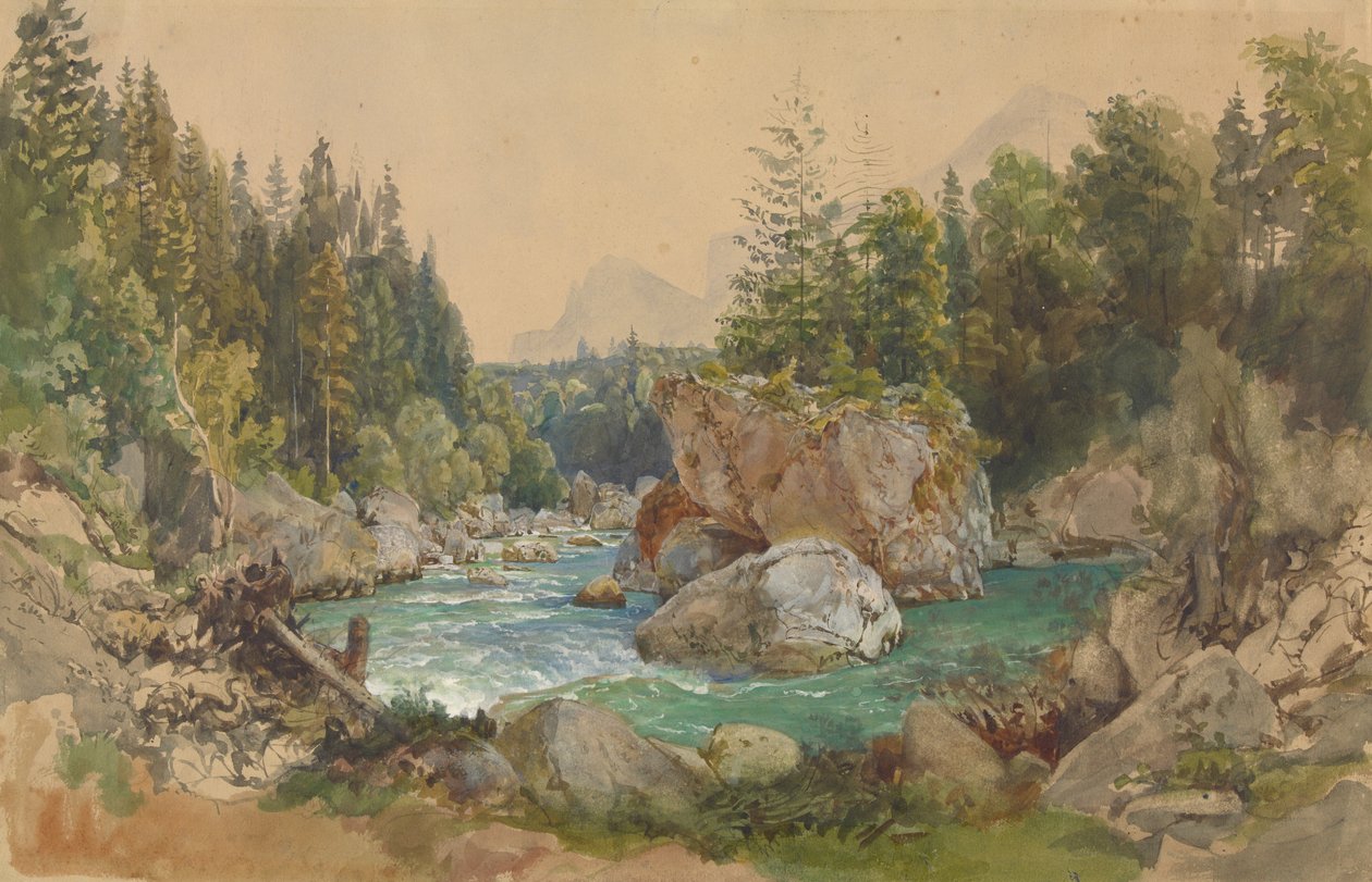 Paisagem fluvial arborizada nos Alpes de Thomas Ender