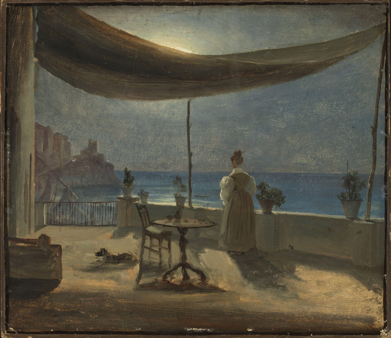 Um terraço em Amalfi ao luar, c.1834 (óleo sobre papel montado a bordo) de Thomas Fearnley