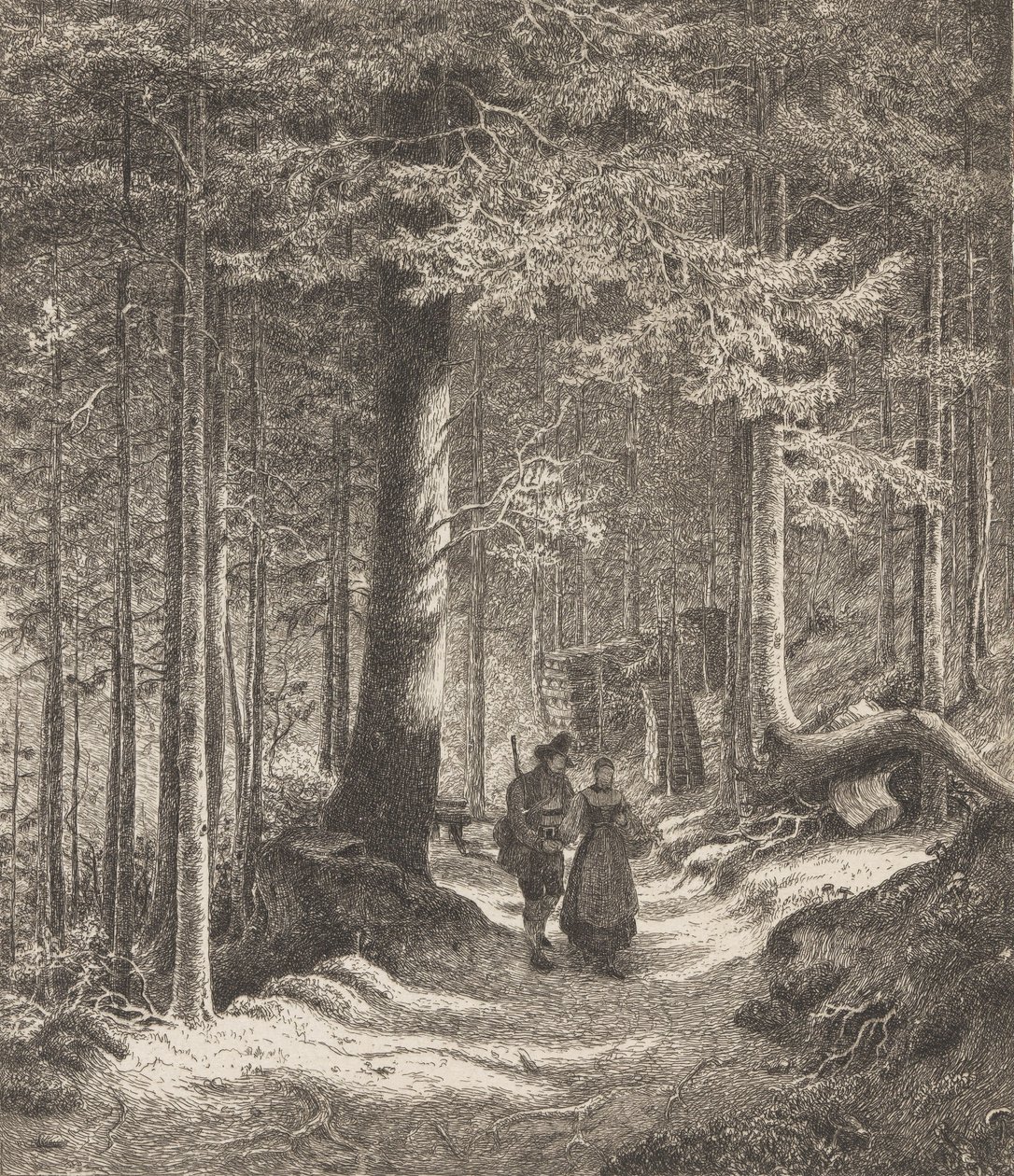 Interior de floresta com duas figuras de Thomas Fearnley